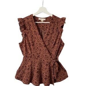 Y2K VTG inspired  Floral Wrap Blouse Ruffled Hem Brown Retro Boho Chic XL